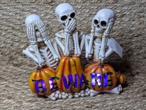NEW! Spooky Halloween Multicolor Light Up "Beware" Pumpkin Skeleton Trio Decor